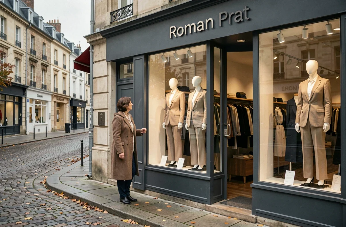 Devanture de la boutique Roman Prat en centre-ville de Caen avec une vitrine élégante et une cliente admirant les tenues exposées