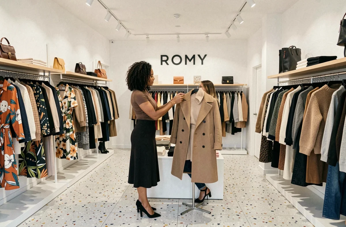 Intérieur tendance de la boutique Romy à Caen avec une vendeuse aidant une cliente à choisir un manteau parmi les collections actuelles