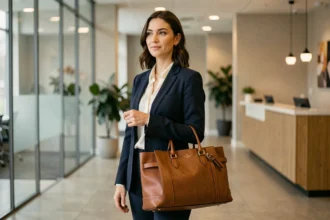 Femme professionnelle portant un sac cabas en cuir cognac avec des détails dorés dans un hall de bureau moderne