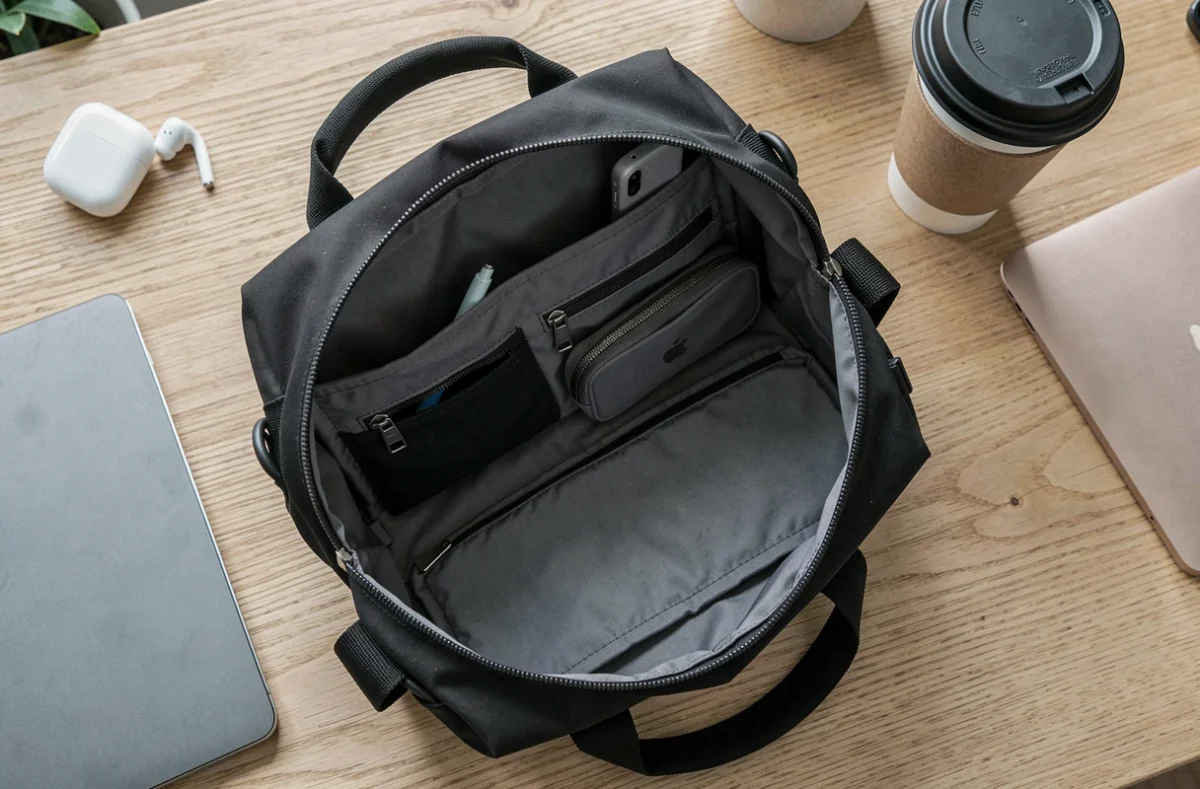 Vue à plat d'un sac de travail noir organisé avec compartiments laptop et accessoires sur un bureau en bois