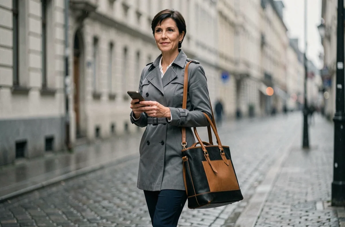 Femme élégante marchant en ville avec un sac de travail bicolore noir et camel en cuir structuré