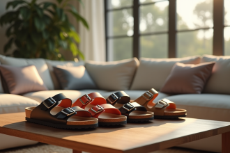 Salon moderne lumineux avec sandales Scholl et Birkenstock