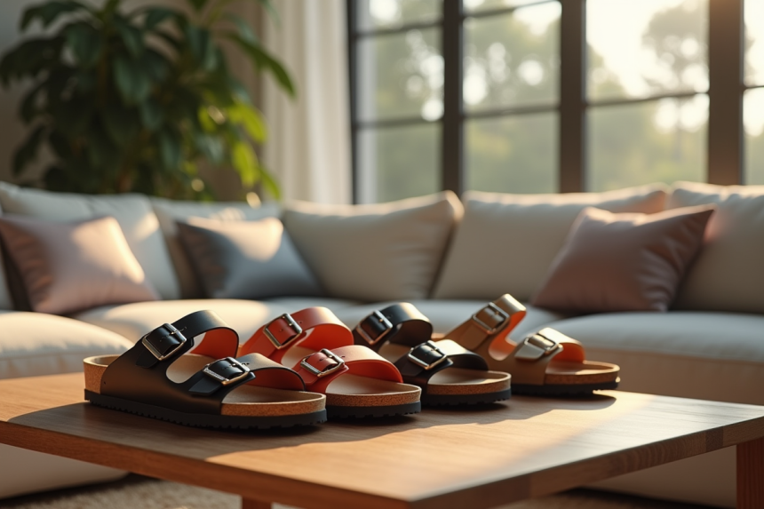 Salon moderne lumineux avec sandales Scholl et Birkenstock