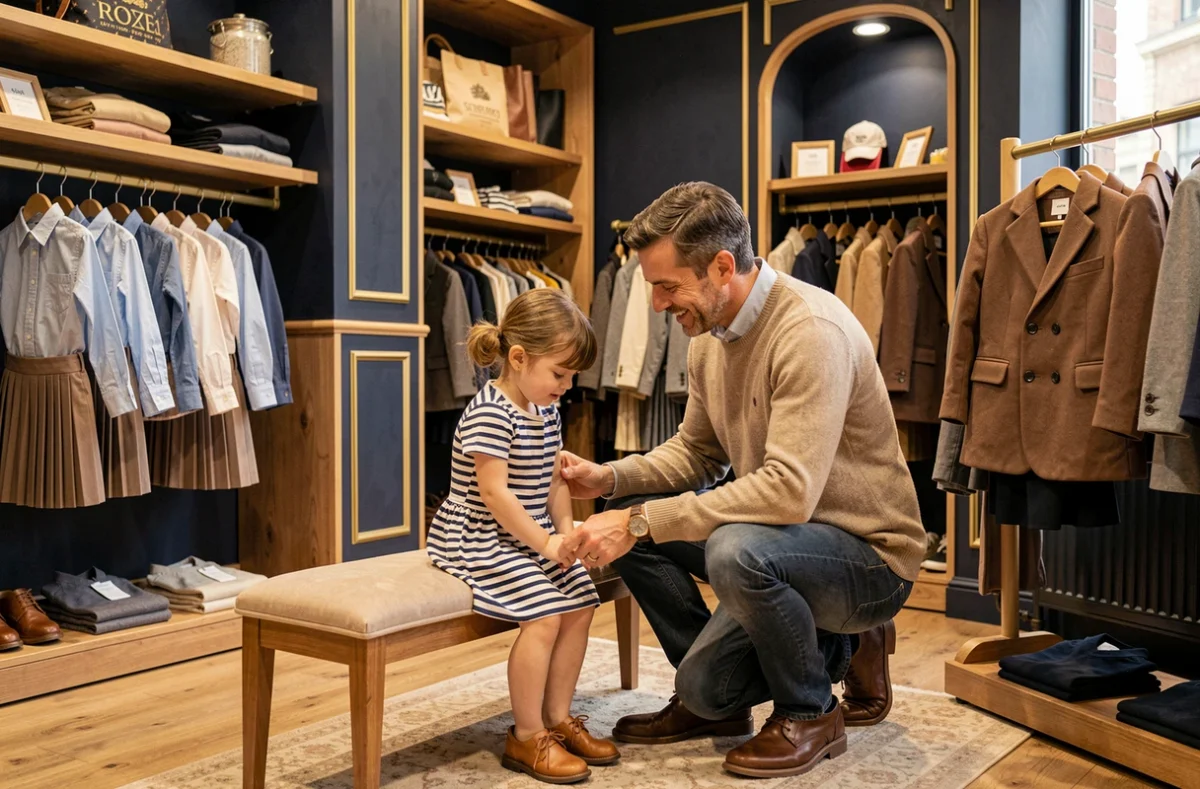 Père et fille dans un magasin Sergent Major à Rosny-sous-Bois essayant des vêtements enfants