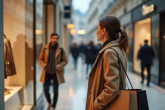 Femme faisant du shopping au Centre Commercial Montparnasse, tenant des sacs de boutiques parisiennes près de la gare