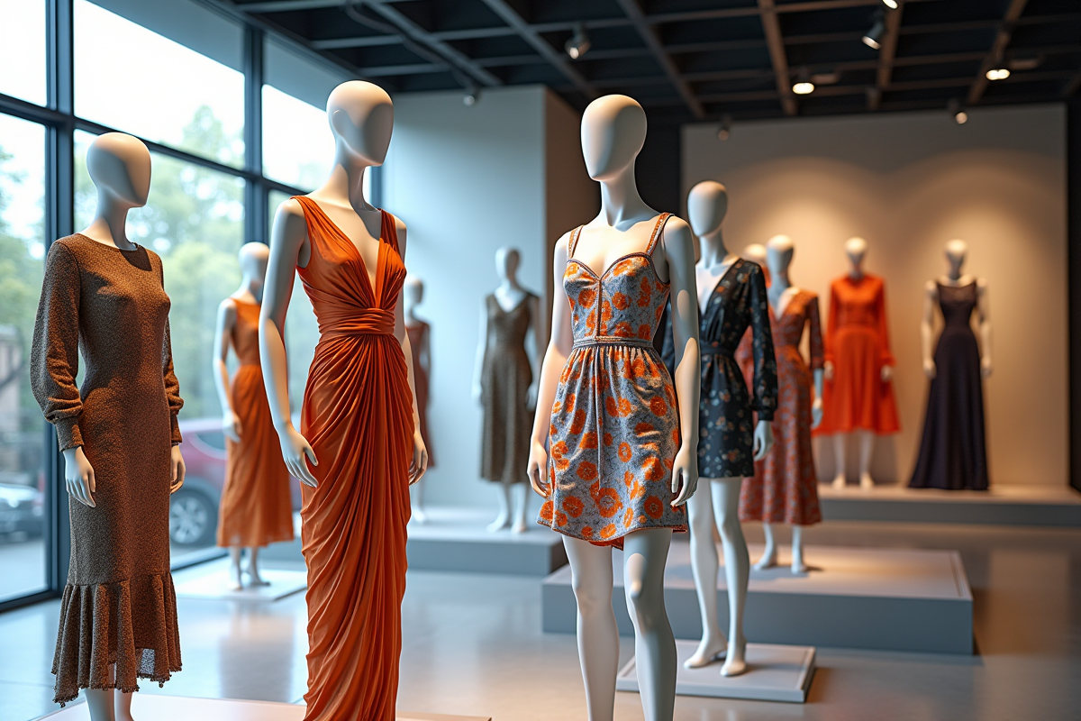 Showroom moderne avec robes de créateurs et tissus colorés