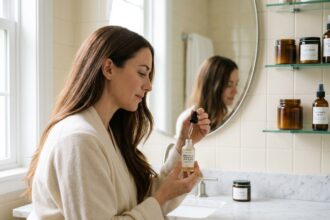 Femme appliquant un sérum capillaire de qualité sur ses cheveux longs devant un miroir de salle de bain moderne