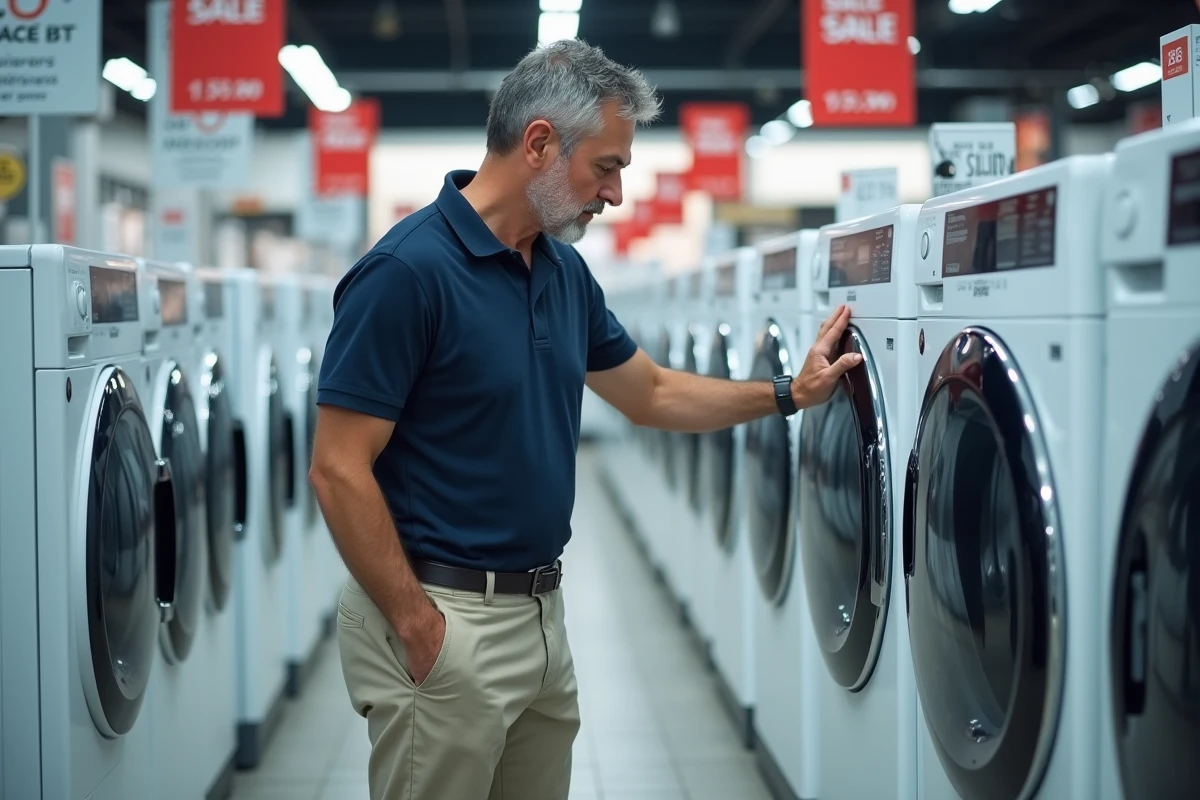 Client examinant un lave-linge en promotion lors des soldes électroménager 2026 dans un magasin spécialisé