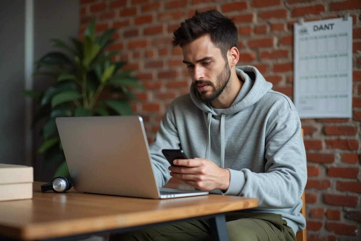 Jeune homme comparant des prix high-tech en ligne pour profiter des soldes 2026 depuis son appartement