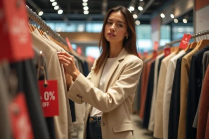 Femme qui fait du shopping pendant les soldes textile dans un grand magasin français en 2026