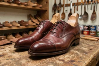 Souliers Oxford en cuir mahogany sur une forme en cèdre posée sur un établi d'atelier de cordonnier