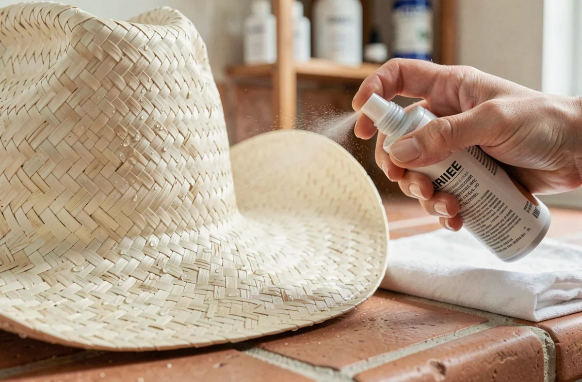 Application d'un spray imperméabilisant sur un chapeau cowboy en paille tressée crème pour prolonger sa durée de vie
