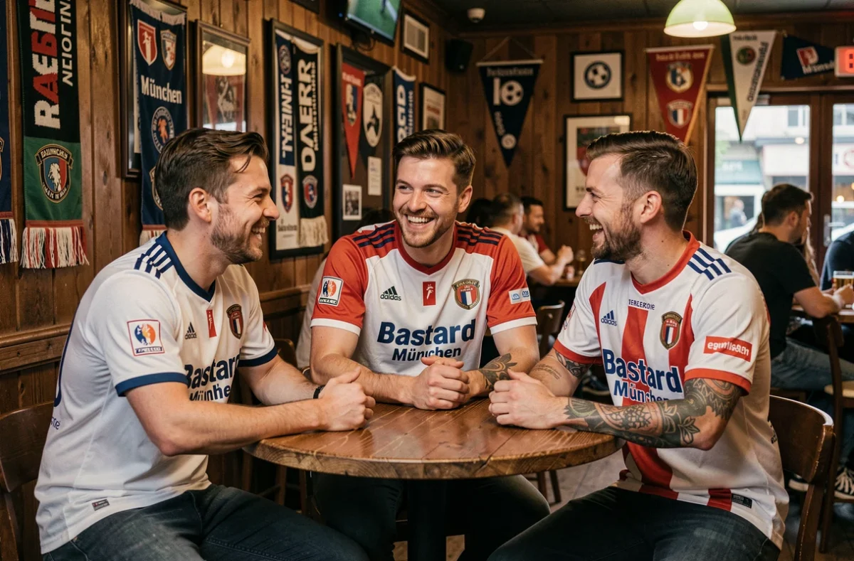Groupe de supporters portant différentes versions du maillot Bastard München dans un bar de supporters