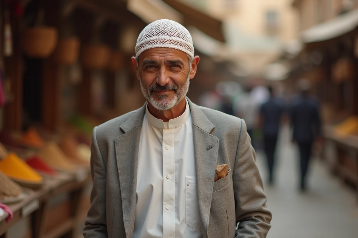 Homme âgé portant un taqiyah crocheté blanc et un blazer lin gris clair dans un marché en plein air estival
