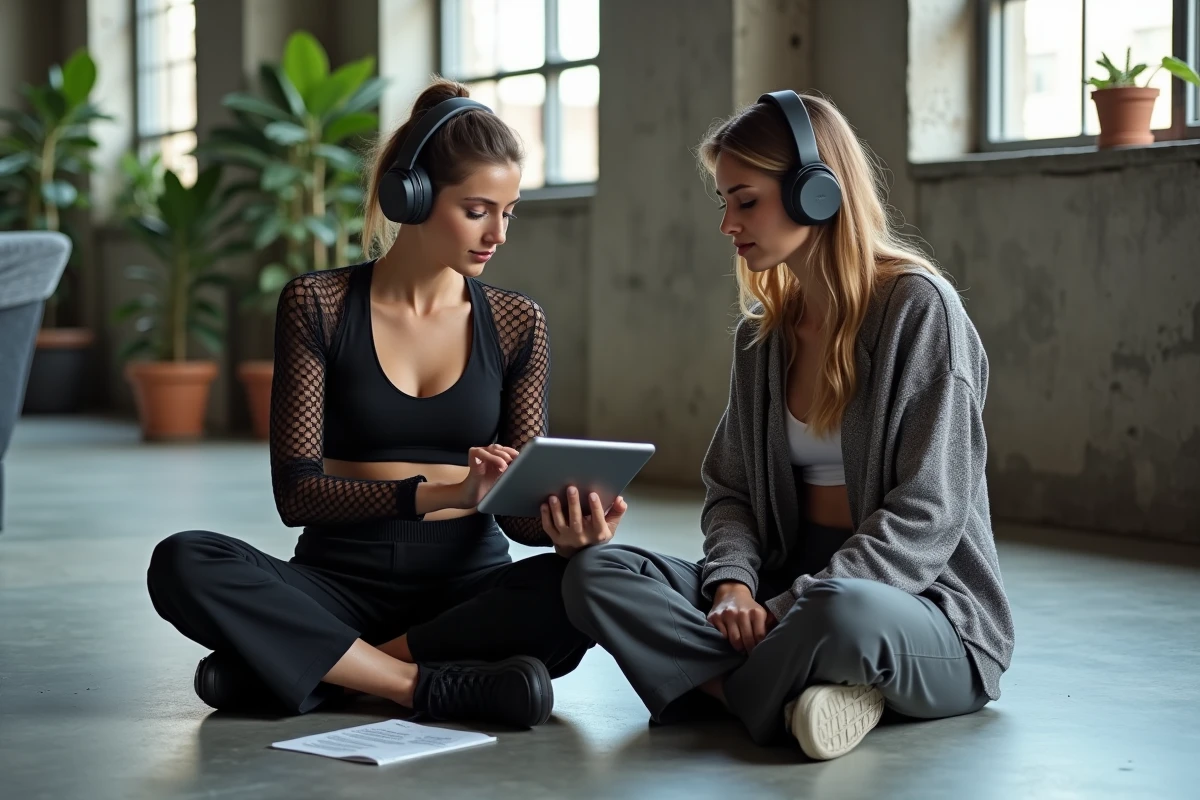 Deux femmes en tenue techno pouffe partageant une playlist sur tablette dans un loft industriel moderne, ambiance lifestyle underground en 2026