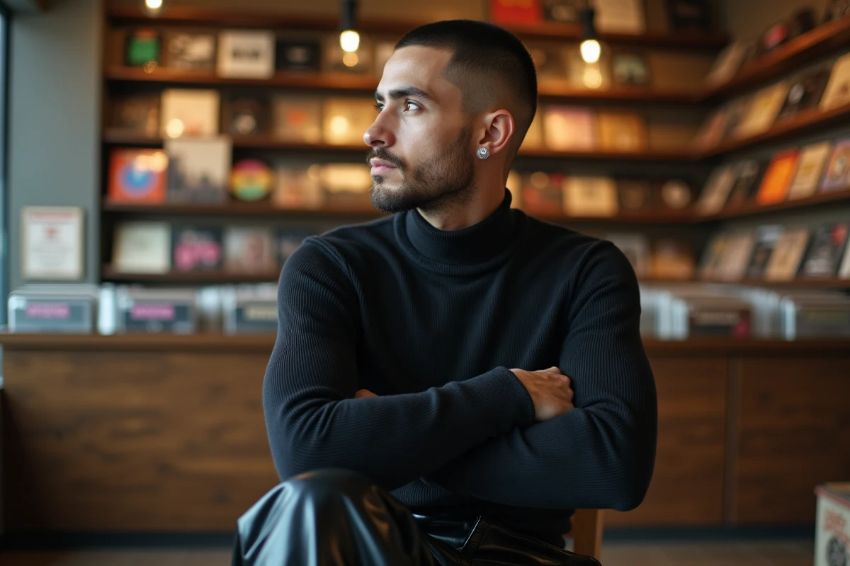 Homme style techno dans un magasin de disques vinyles, posture assurée devant une tracklist affichée, ambiance underground et minimaliste