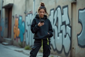 Jeune femme en tenue techno pouffe dans une ruelle urbaine, consultant sa playlist sur smartphone avec une attitude décontractée et assurée