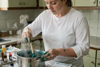 Femme teignant un t-shirt en polyester mélangé coton avec de la teinture textile bleue dans une cuisine