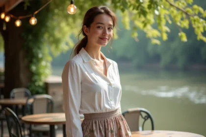 Femme en tenue guinguette élégante et naturelle près d'une table de bistrot en bois, jupe fleurie mi-longue et blouse en lin blanc, style authentique sans effet déguisement