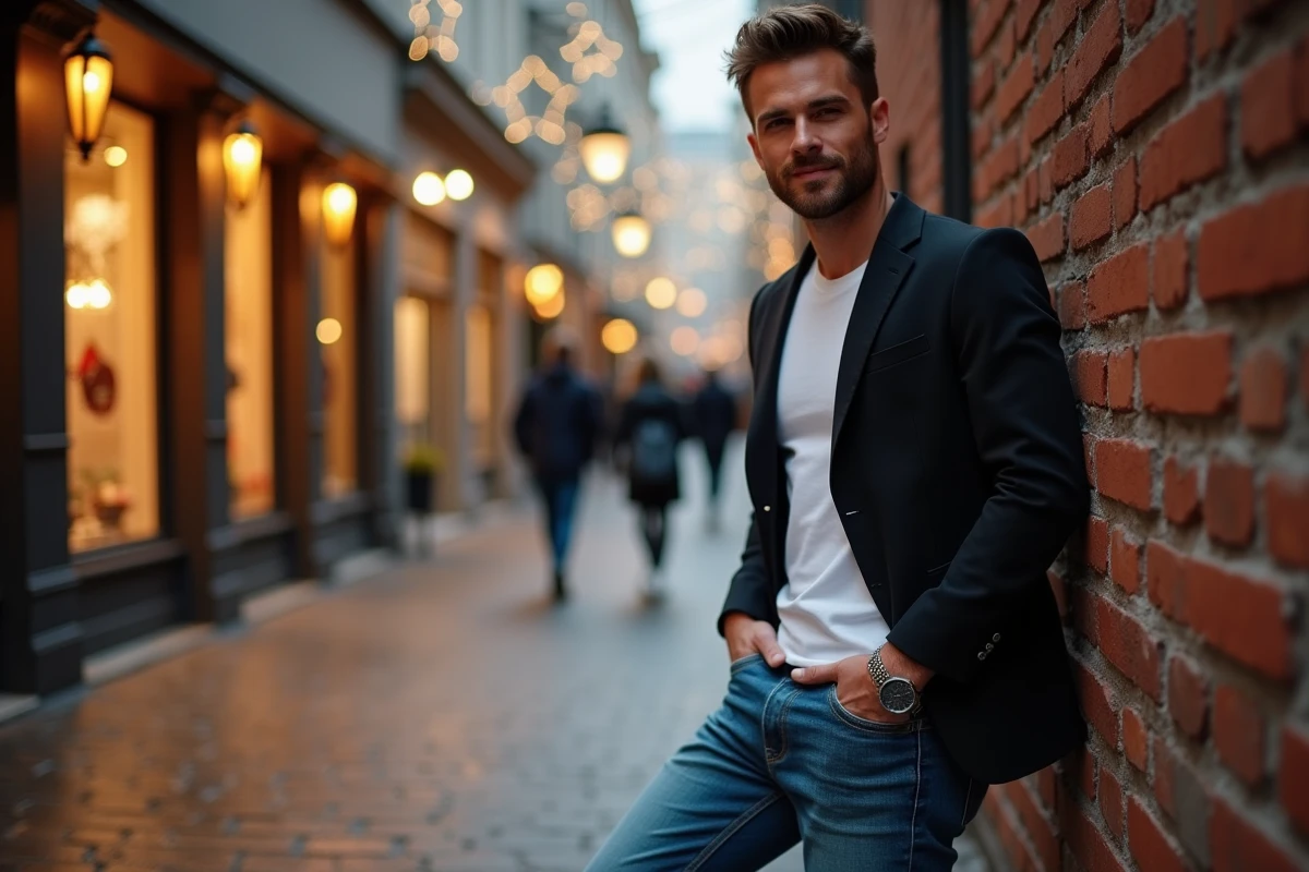 Homme en jean indigo, blazer noir et baskets blanches pour un look de réveillon du jour de l'an élégant et urbain
