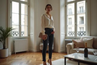 Femme en jean slim et blouse satinée ivoire pour une tenue de jour de l'an élégante et décontractée dans un appartement parisien