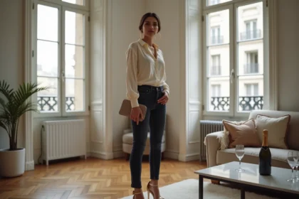 Femme en jean slim et blouse satinée ivoire pour une tenue de jour de l'an élégante et décontractée dans un appartement parisien
