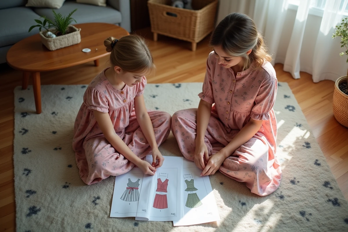 Mère et fille en robes assorties rose poudré planifiant leurs tenues coordonnées à la maison