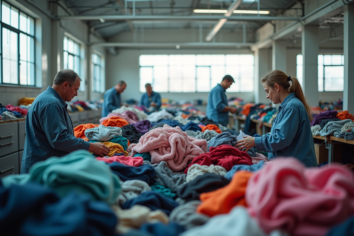 Travailleurs triant des vêtements dans un centre de recyclage lumineux