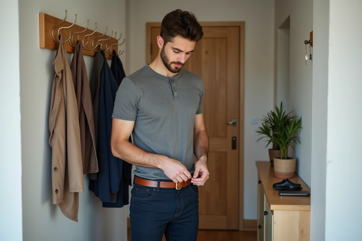 Jeune homme enfilant une ceinture en cuir marron dans les passants d'un pantalon marine dans un couloir