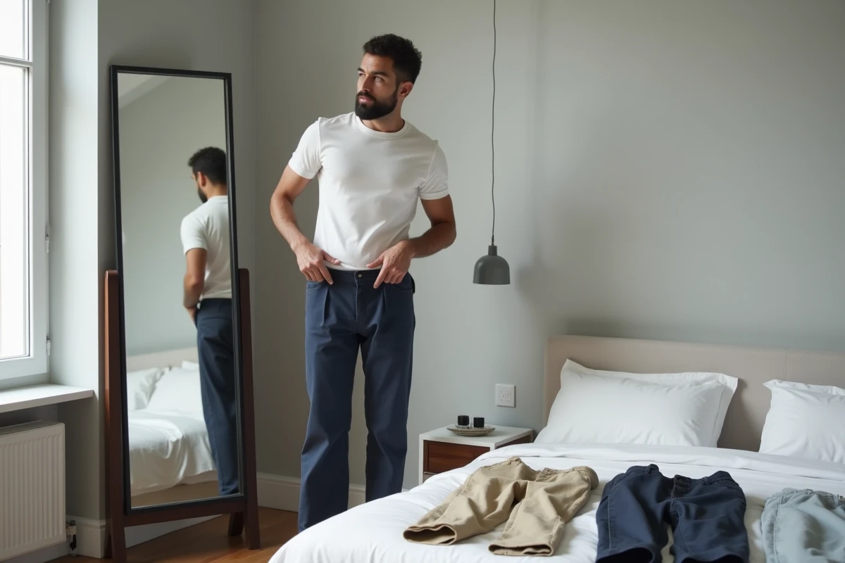 Homme comparant différentes coupes de pantalons devant un miroir dans une chambre minimaliste