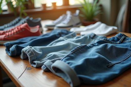 Vêtements tendance de seconde main sur une table en bois