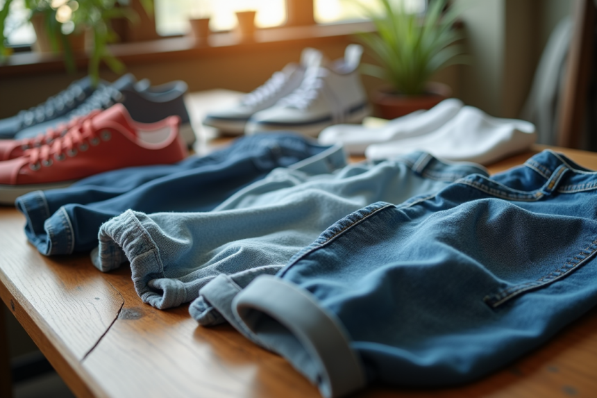 Vêtements tendance de seconde main sur une table en bois