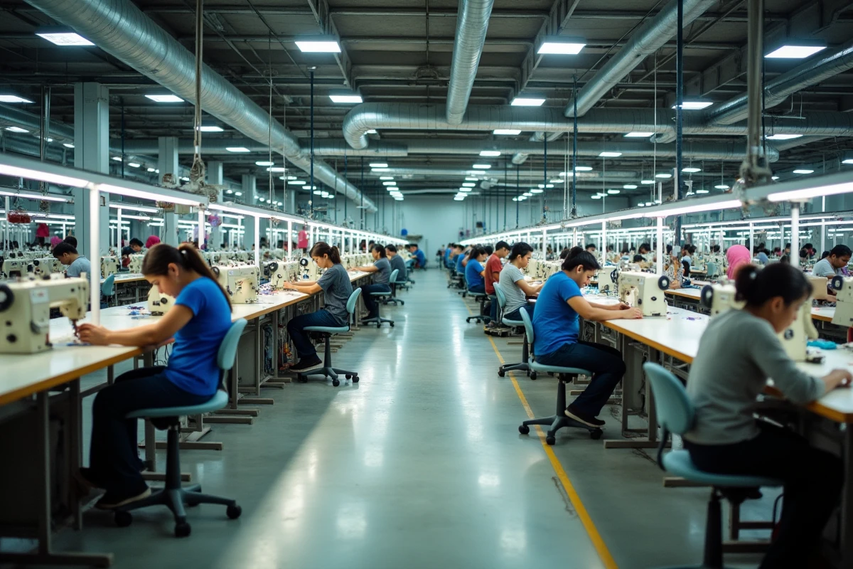 Vue d'ensemble d'une usine de fabrication textile avec rangées de machines à coudre et ouvriers au travail, conditions de production vêtements grande distribution